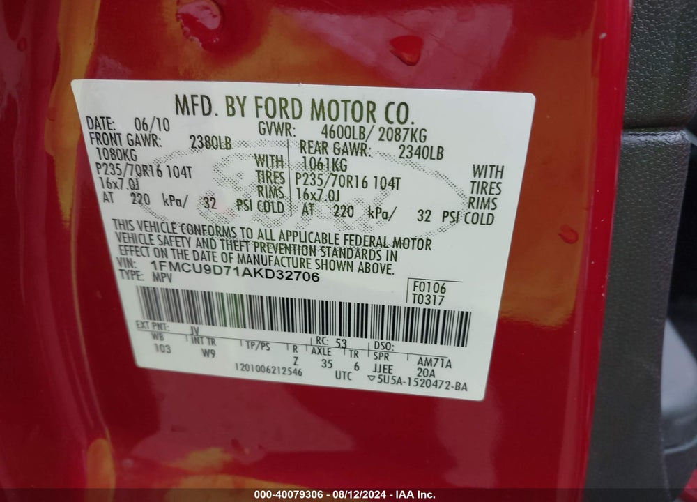 2010 FORD ESCAPE XLT VIN: 1FMCU9D71AKD32706