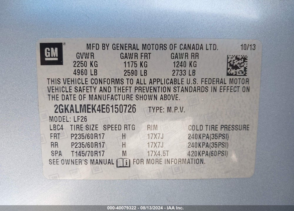 2014 GMC TERRAIN SLE-1 VIN: 2GKALMEK4E6150726