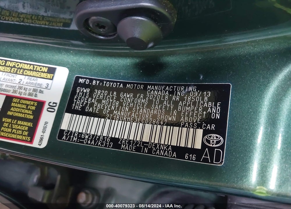 2014 TOYOTA COROLLA LE VIN: 2T1BURHE3EC028647