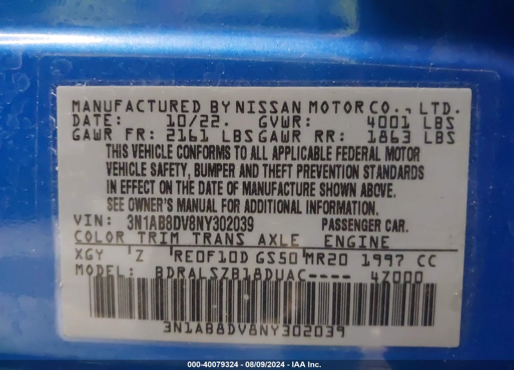 2022 NISSAN SENTRA VIN: 3N1AB8DV8NY302039