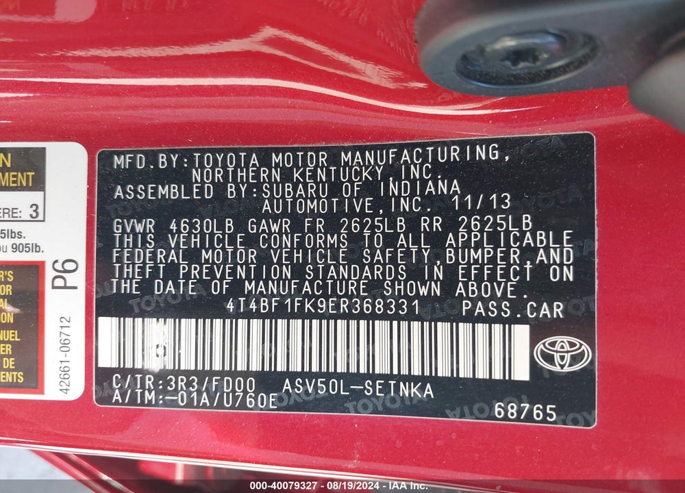 2014 TOYOTA CAMRY LE VIN: 4T4BF1FK9ER368331