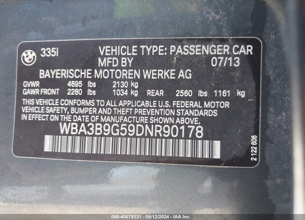 2013 BMW 335I XDRIVE VIN: WBA3B9G59DNR90178