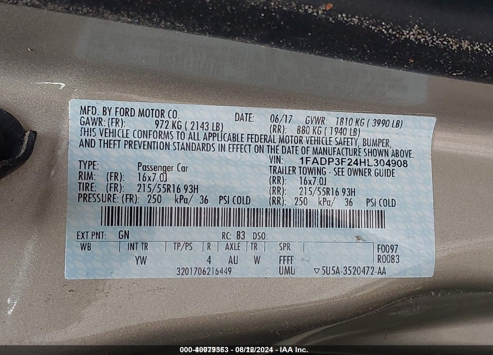 2017 FORD FOCUS SE VIN: 1FADP3F24HL304908
