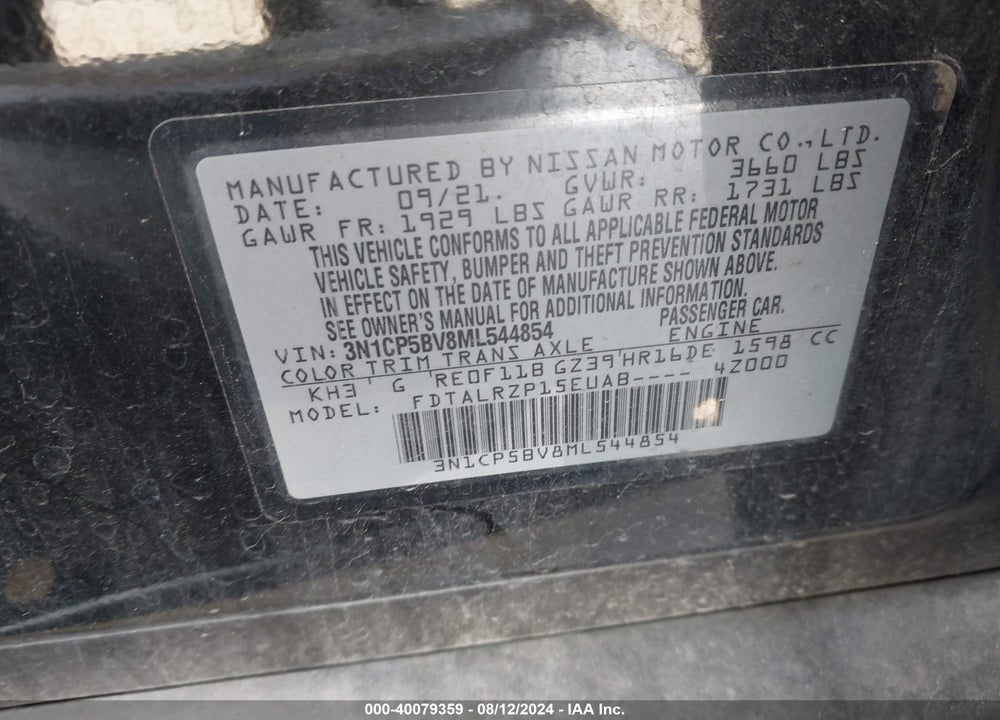 2021 NISSAN KICKS S XTRONIC CVT VIN: 3N1CP5BV8ML544854