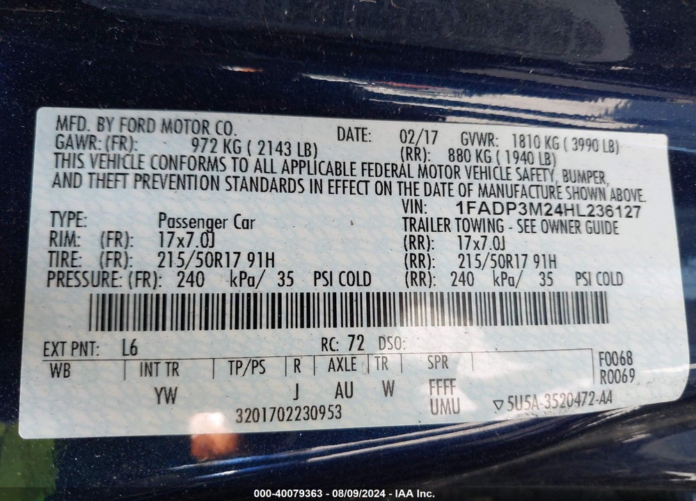 2017 FORD FOCUS SEL VIN: 1FADP3M24HL236127