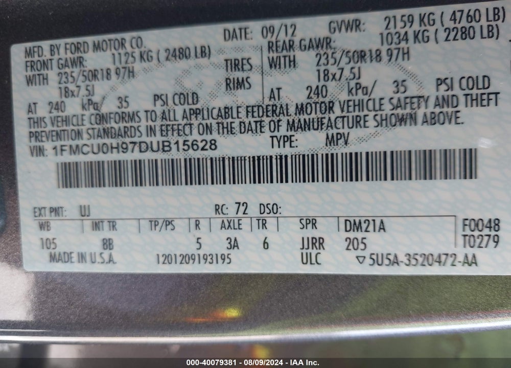2013 FORD ESCAPE SEL VIN: 1FMCU0H97DUB15628
