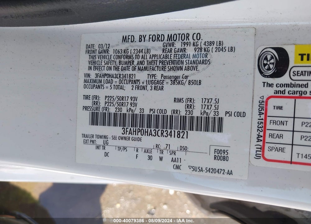 2012 FORD FUSION SE VIN: 3FAHP0HA3CR341821