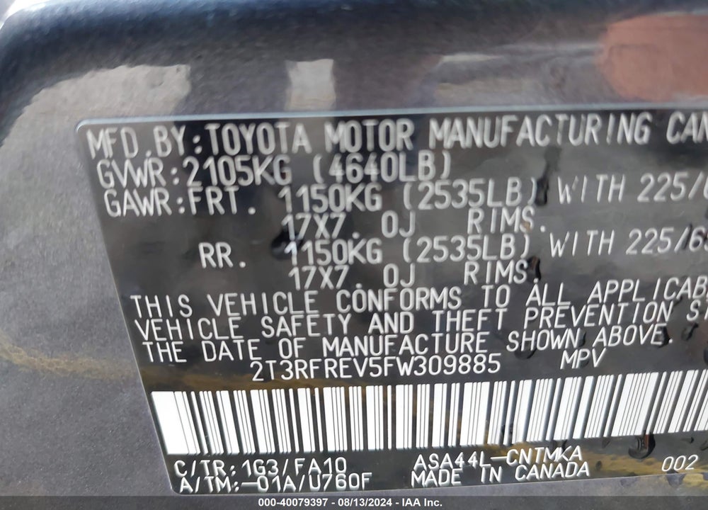 2015 TOYOTA RAV4 XLE VIN: 2T3RFREV5FW309885