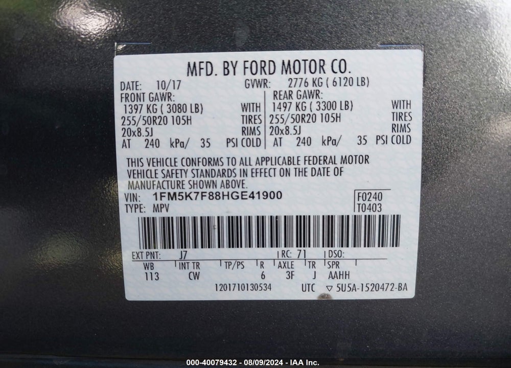 2017 FORD EXPLORER LIMITED VIN: 1FM5K7F88HGE41900