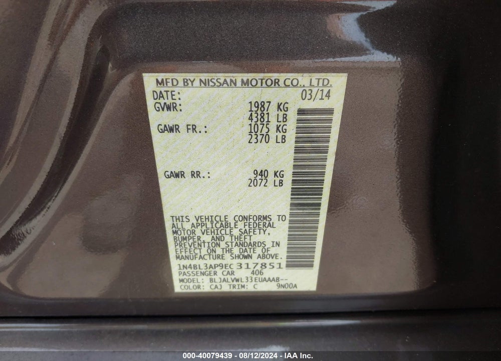 2014 NISSAN ALTIMA 3.5 SL VIN: 1N4BL3AP9EC317851