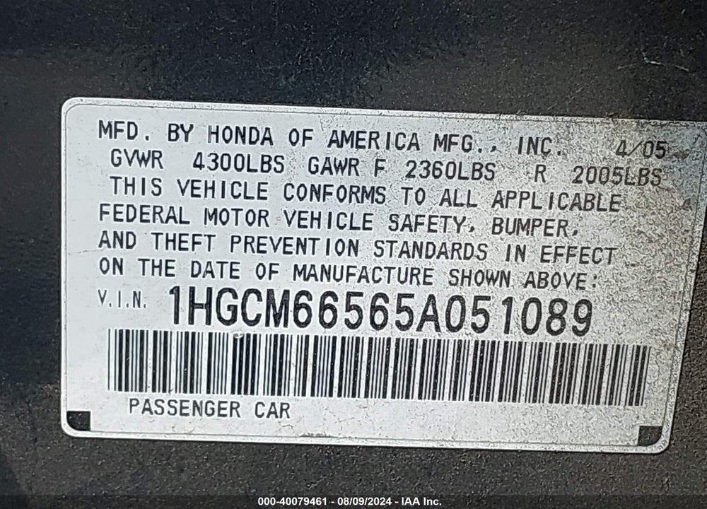 2005 HONDA ACCORD 3.0 EX VIN: 1HGCM66565A051089