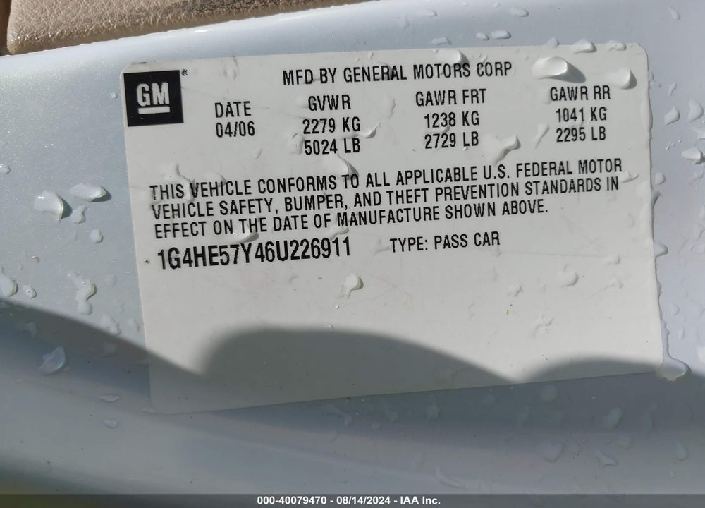 2006 BUICK LUCERNE CXS VIN: 1G4HE57Y46U226911