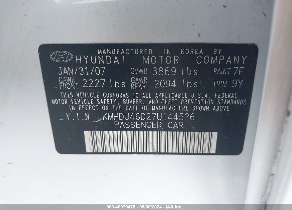 2007 HYUNDAI ELANTRA GLS/LIMITED/SE VIN: KMHDU46D27U144526