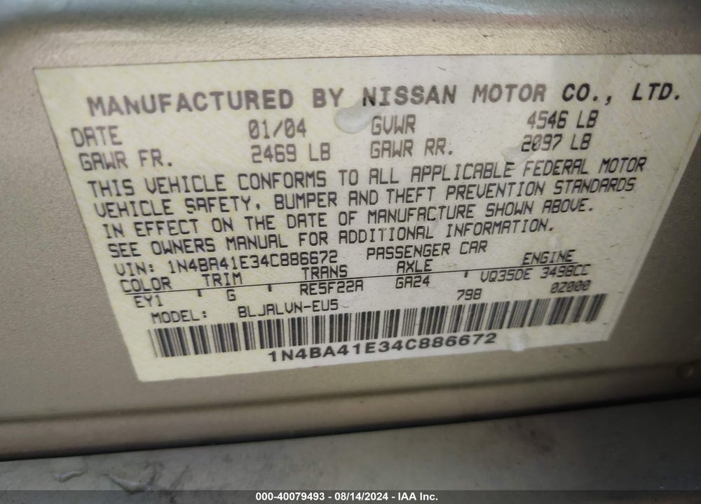 2004 NISSAN MAXIMA 3.5 SE VIN: 1N4BA41E34C886672