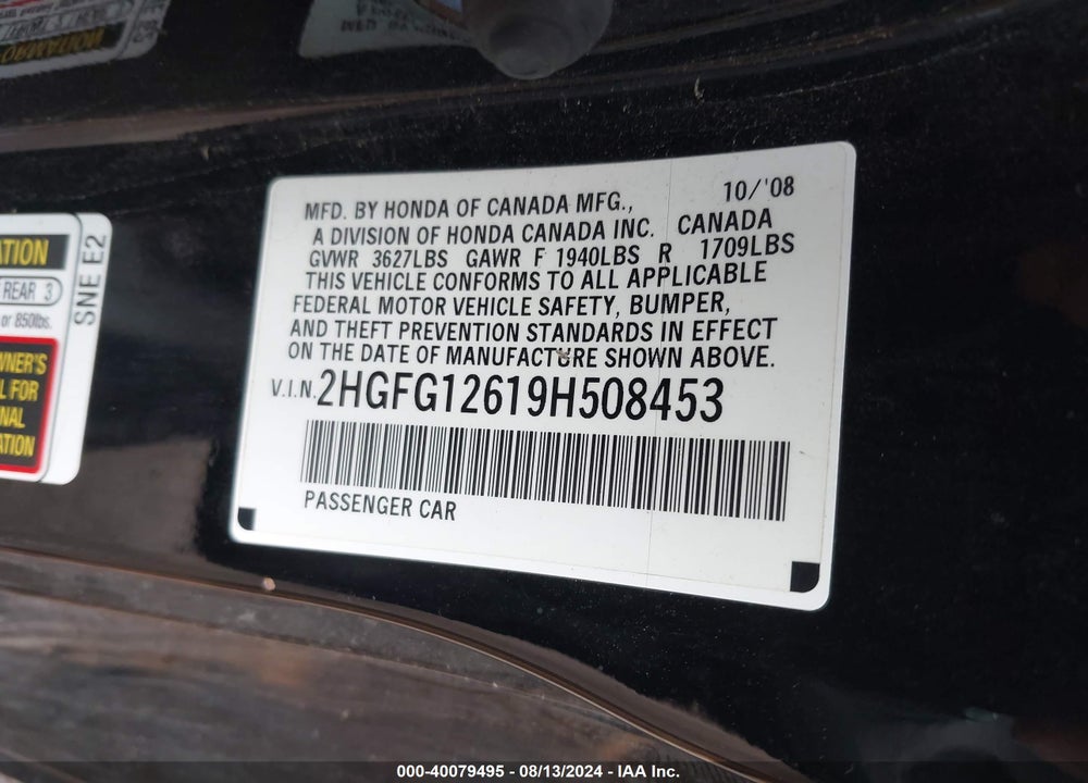 2009 HONDA CIVIC LX VIN: 2HGFG12619H508453