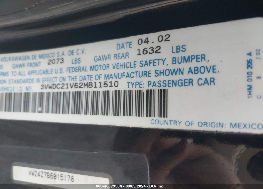 2002 VOLKSWAGEN CABRIO GLX VIN: 3VWDC21V62M811510