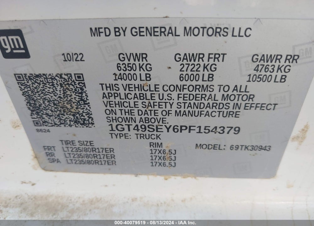 2023 GMC SIERRA 3500HD 4WD  LONG BED PRO VIN: 1GT49SEY6PF154379