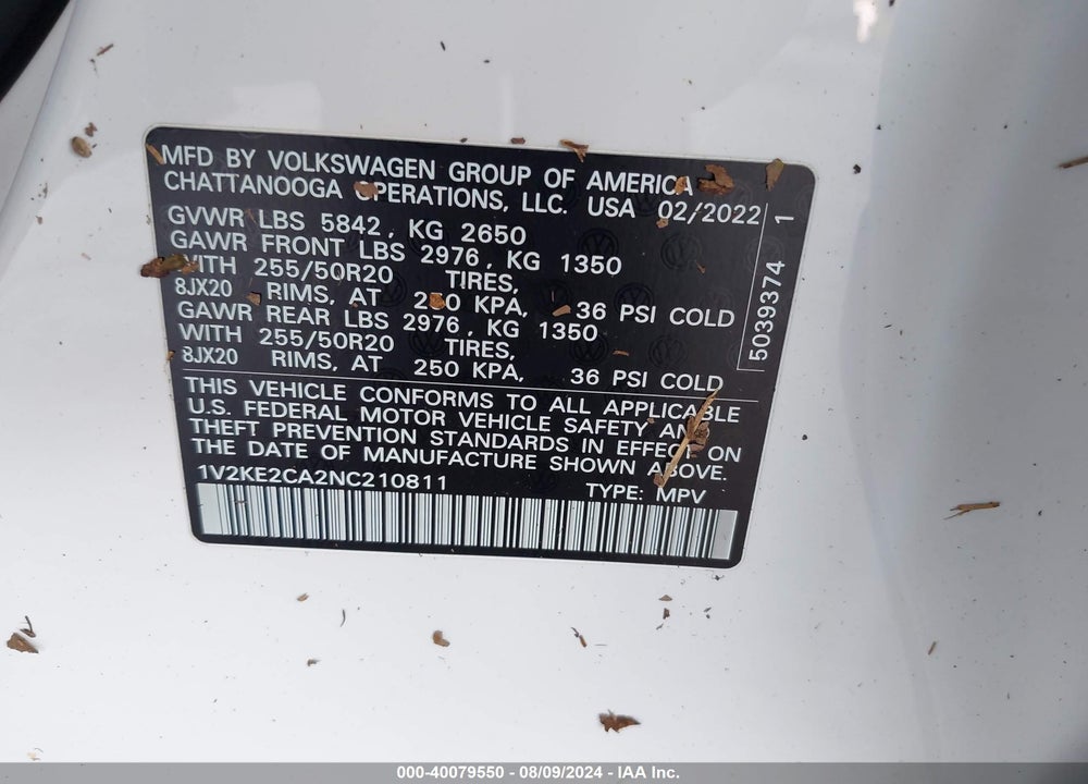 2022 VOLKSWAGEN ATLAS CROSS SPORT 3.6L V6 SE W/TECHNOLOGY VIN: 1V2KE2CA2NC210811