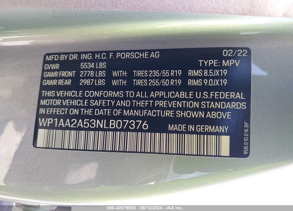 2022 PORSCHE MACAN VIN: WP1AA2A53NLB07376