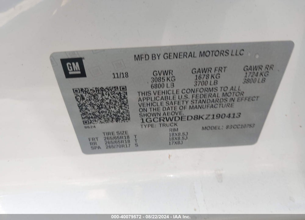 2019 CHEVROLET SILVERADO 1500 RST VIN: 1GCRWDED8KZ190413