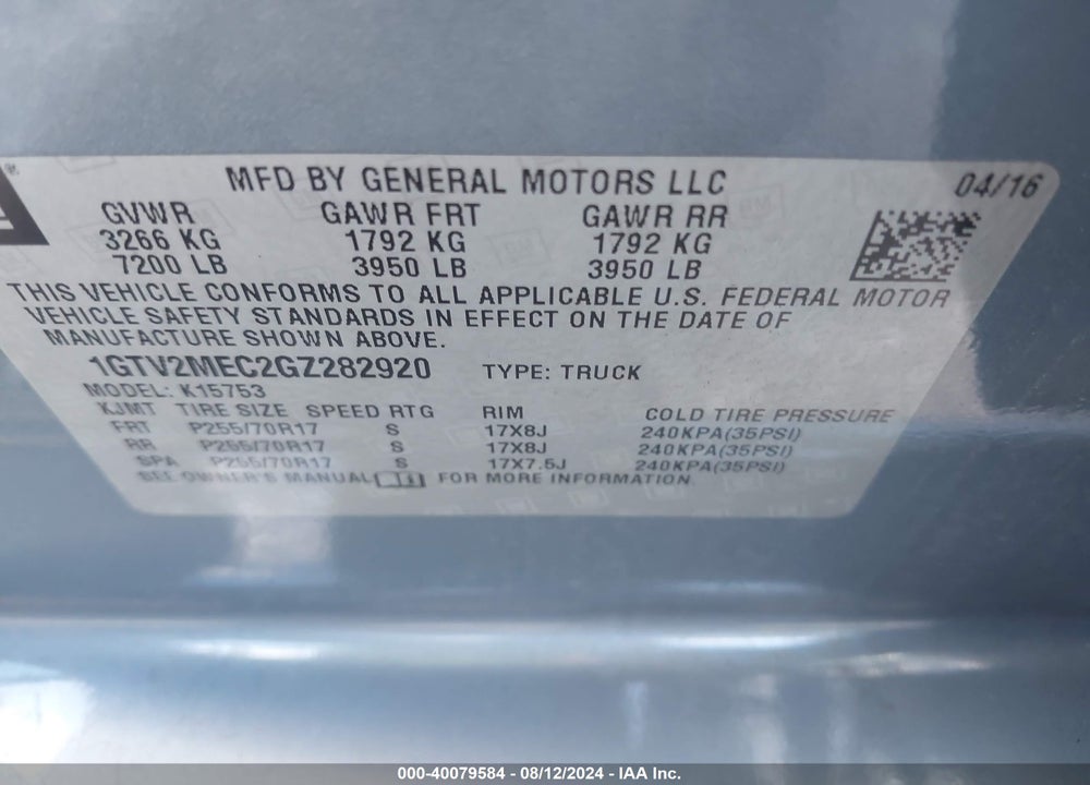 2016 GMC SIERRA 1500 SLE VIN: 1GTV2MEC2GZ282920