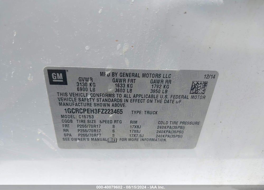 2015 CHEVROLET SILVERADO 1500 WT VIN: 1GCRCPEH3FZ223465