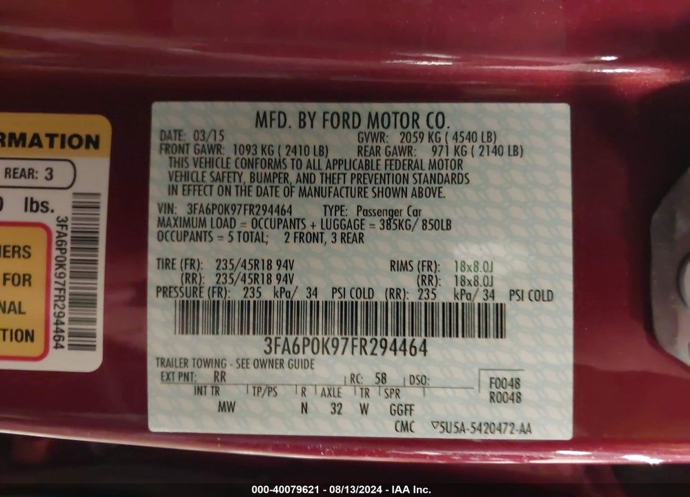 2015 FORD FUSION TITANIUM VIN: 3FA6P0K97FR294464