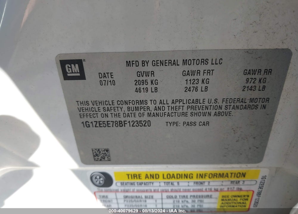 2011 CHEVROLET MALIBU LTZ VIN: 1G1ZE5E78BF123520