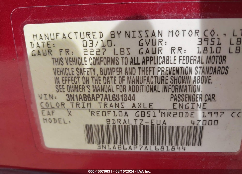 2010 NISSAN SENTRA 2.0SR VIN: 3N1AB6AP7AL681844