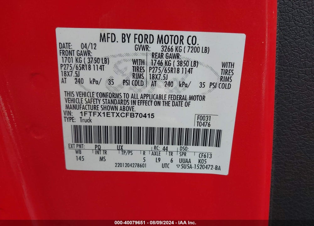 2012 FORD F-150 XLT VIN: 1FTFX1ETXCFB70415