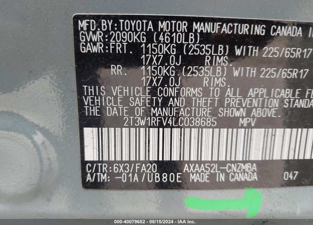 2020 TOYOTA RAV4 XLE VIN: 2T3W1RFV4LC038685