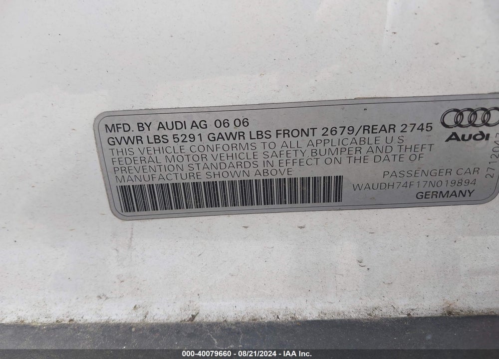 2007 AUDI A6 3.2 VIN: WAUDH74F17N019894