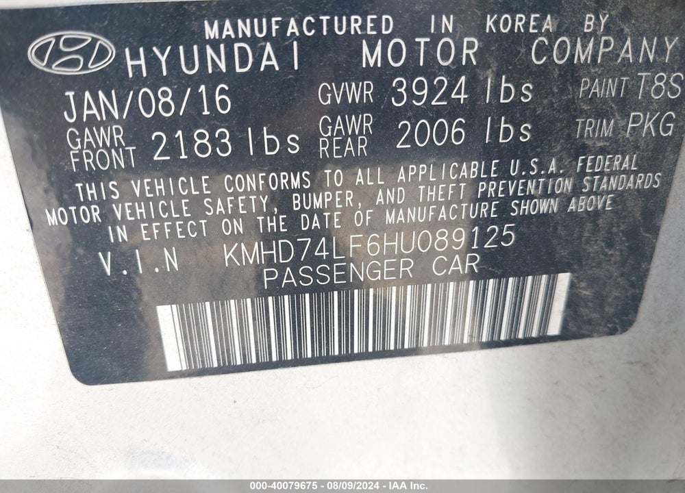 2017 HYUNDAI ELANTRA SE VIN: KMHD74LF6HU089125