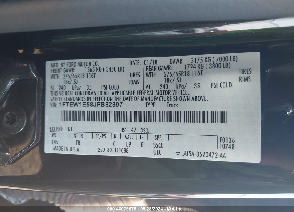 2018 FORD F-150 VIN: 1FTEW1E58JFB82897
