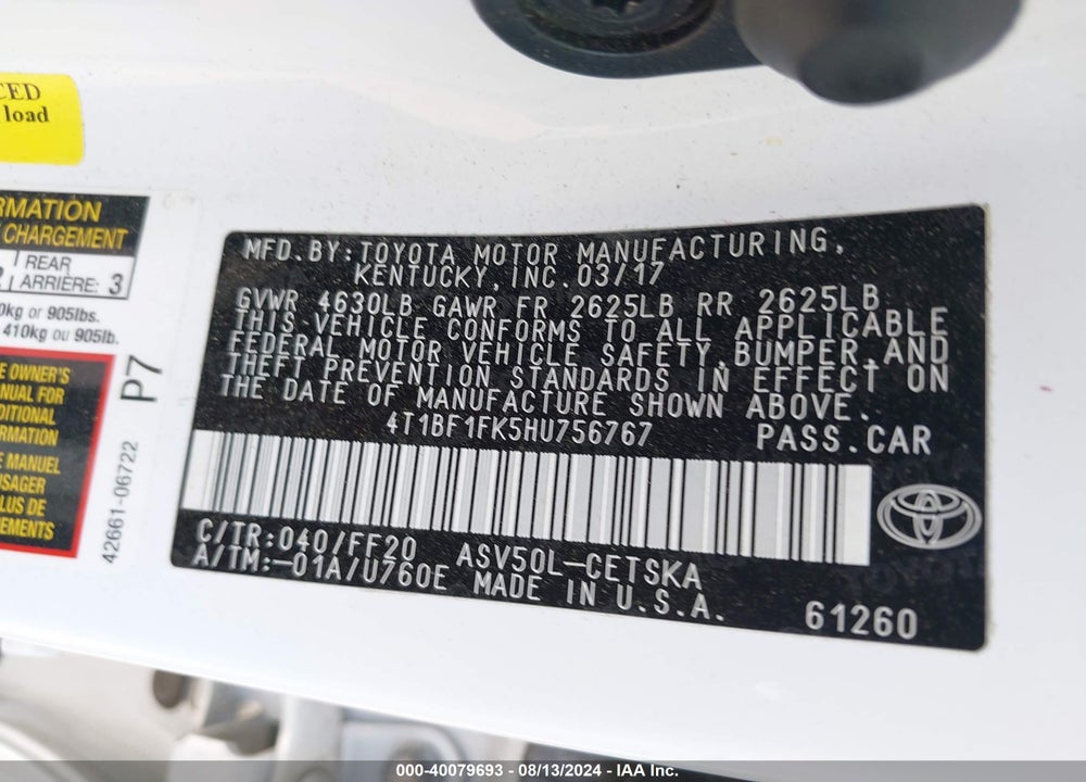2017 TOYOTA CAMRY SE VIN: 4T1BF1FK5HU756767