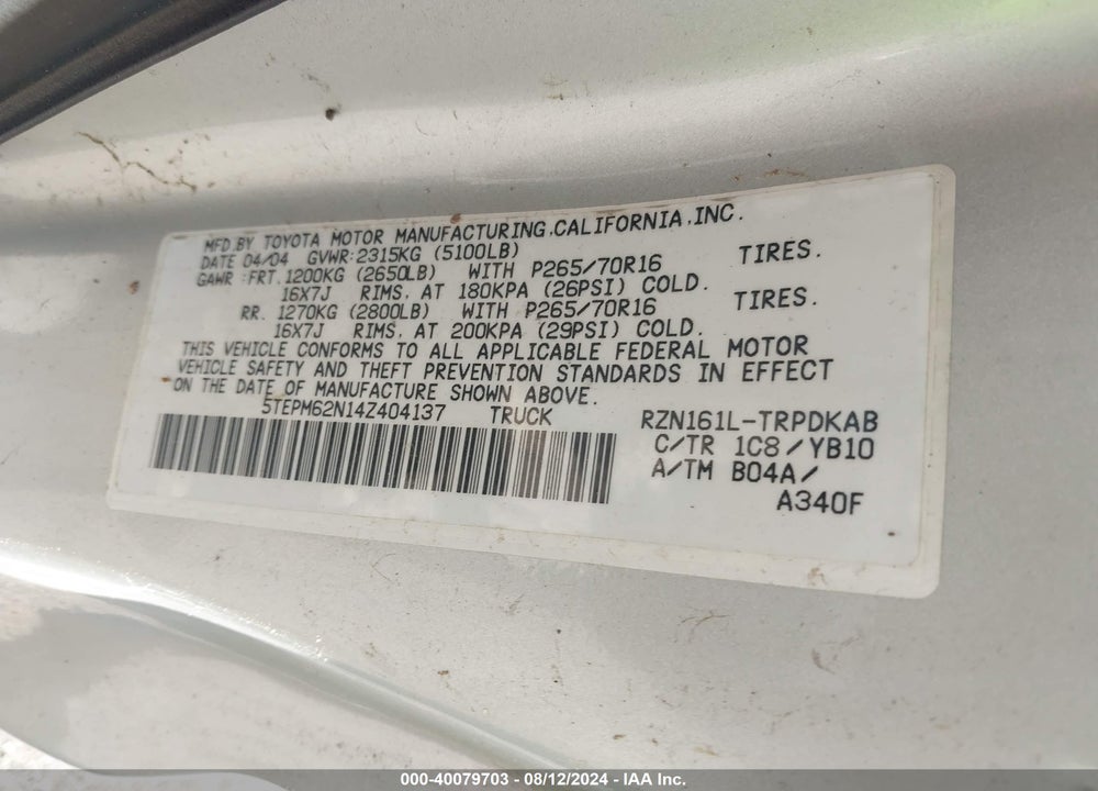 2004 TOYOTA TACOMA VIN: 5TEPM62N14Z404137