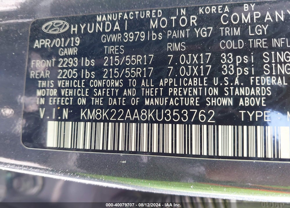 2019 HYUNDAI KONA SEL VIN: KM8K22AA8KU353762