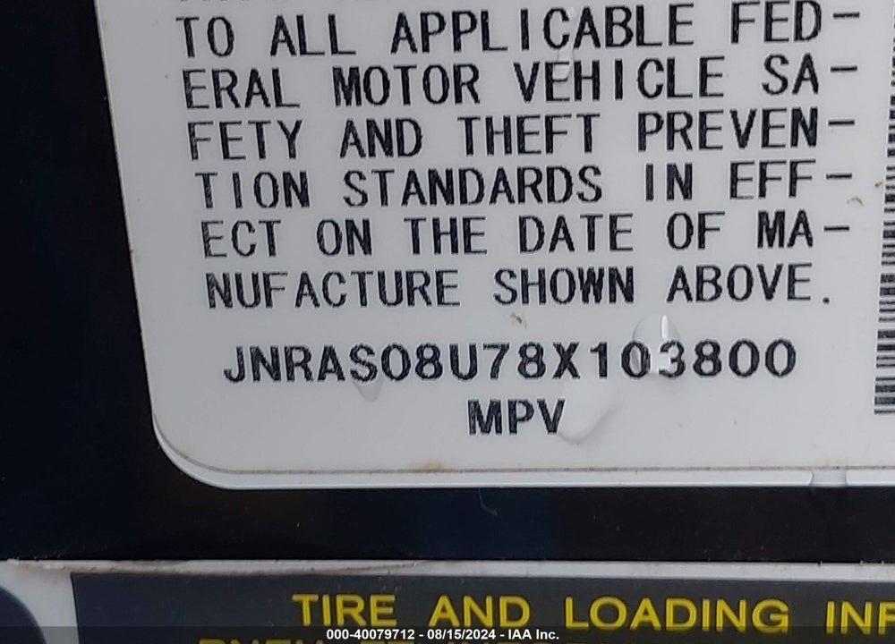 2008 INFINITI FX35 VIN: JNRAS08U78X103800