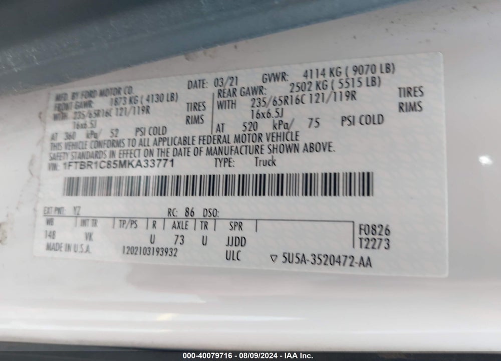 2021 FORD TRANSIT-250 VIN: 1FTBR1C85MKA33771