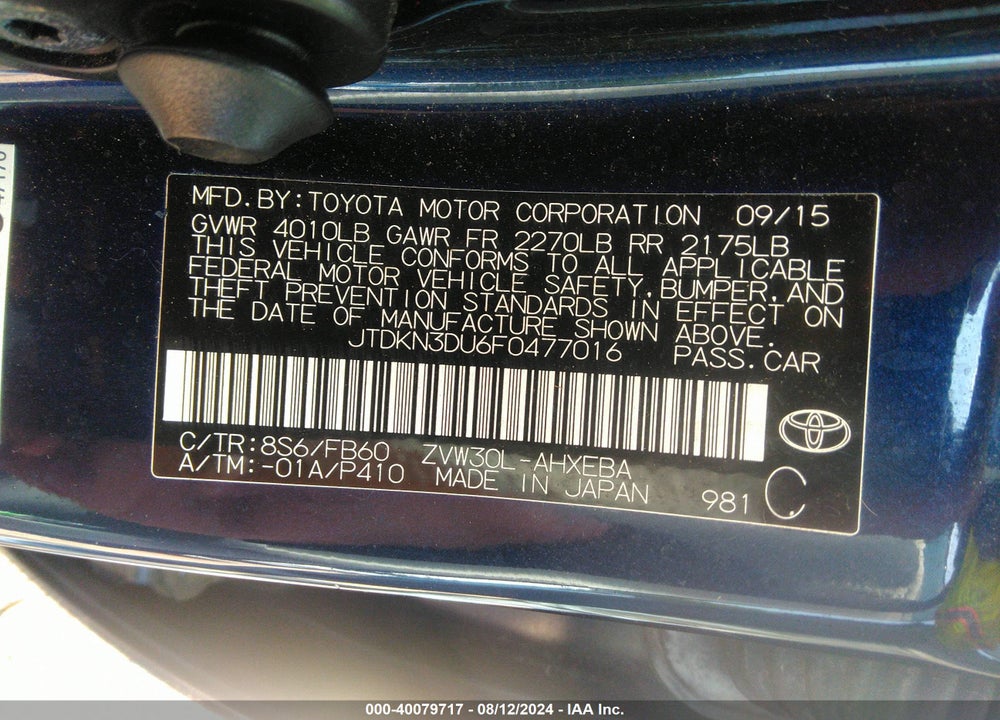 2015 TOYOTA PRIUS THREE VIN: JTDKN3DU6F0477016