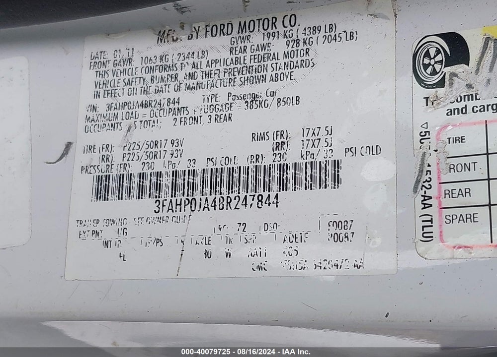 2011 FORD FUSION SEL VIN: 3FAHP0JA4BR247844