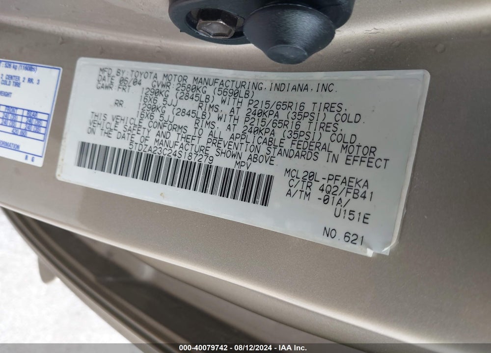 2004 TOYOTA SIENNA LE VIN: 5TDZA23C24S187279