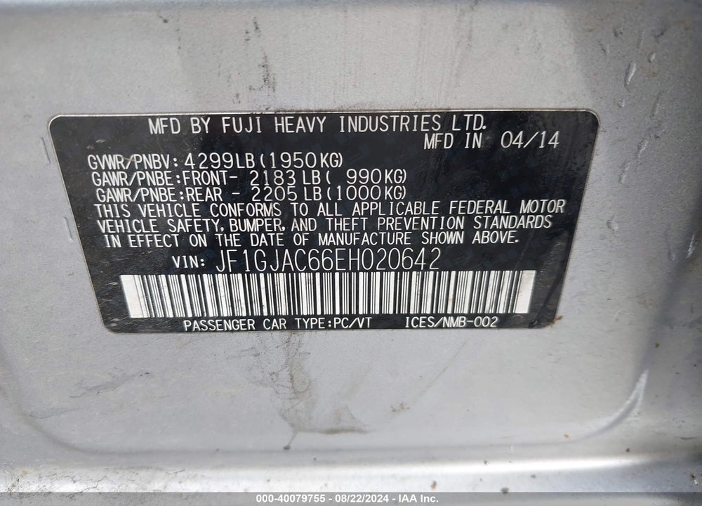 2014 SUBARU IMPREZA 2.0I PREMIUM VIN: JF1GJAC66EH020642
