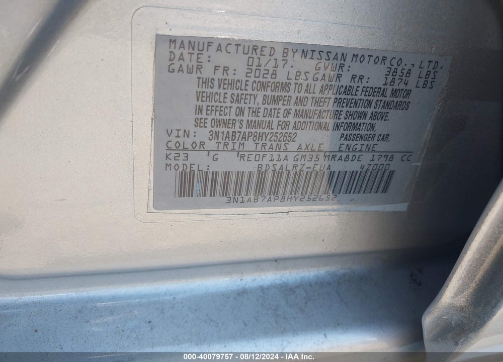 2017 NISSAN SENTRA VIN: 3N1AB7AP8HY252652