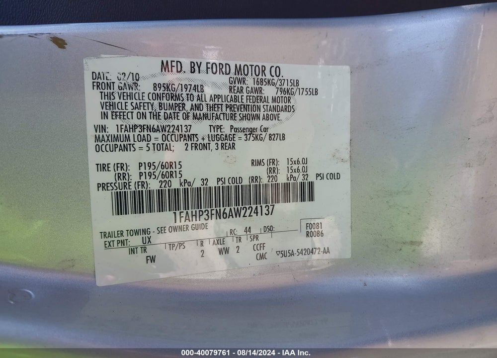 2010 FORD FOCUS VIN: 1FAHP3FN6AW224137
