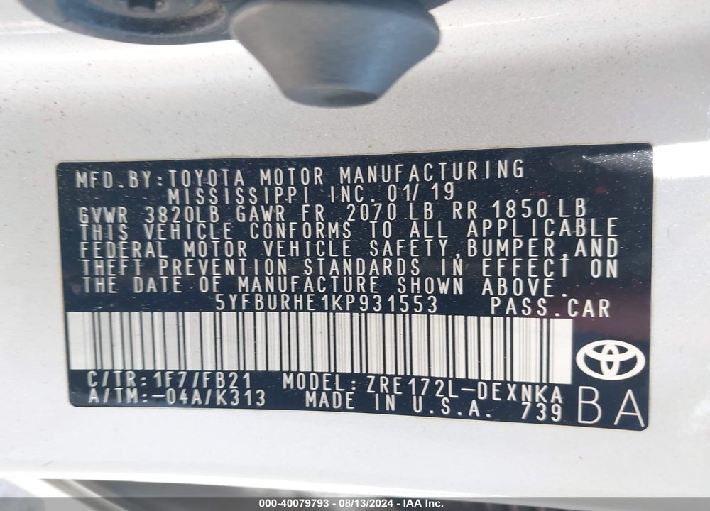 2019 TOYOTA COROLLA LE VIN: 5YFBURHE1KP931553