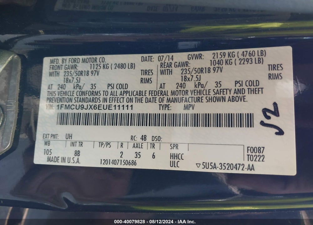 2014 FORD ESCAPE TITANIUM VIN: 1FMCU9JX6EUE11111
