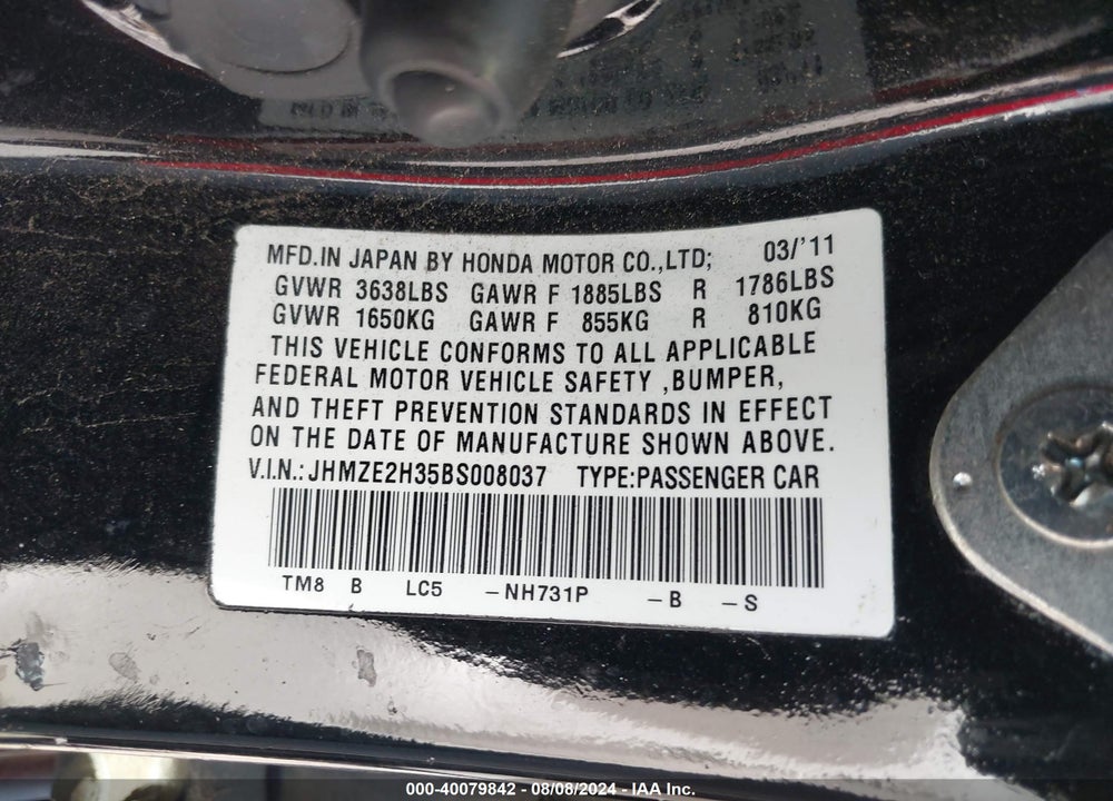 2011 HONDA INSIGHT VIN: JHMZE2H35BS008037