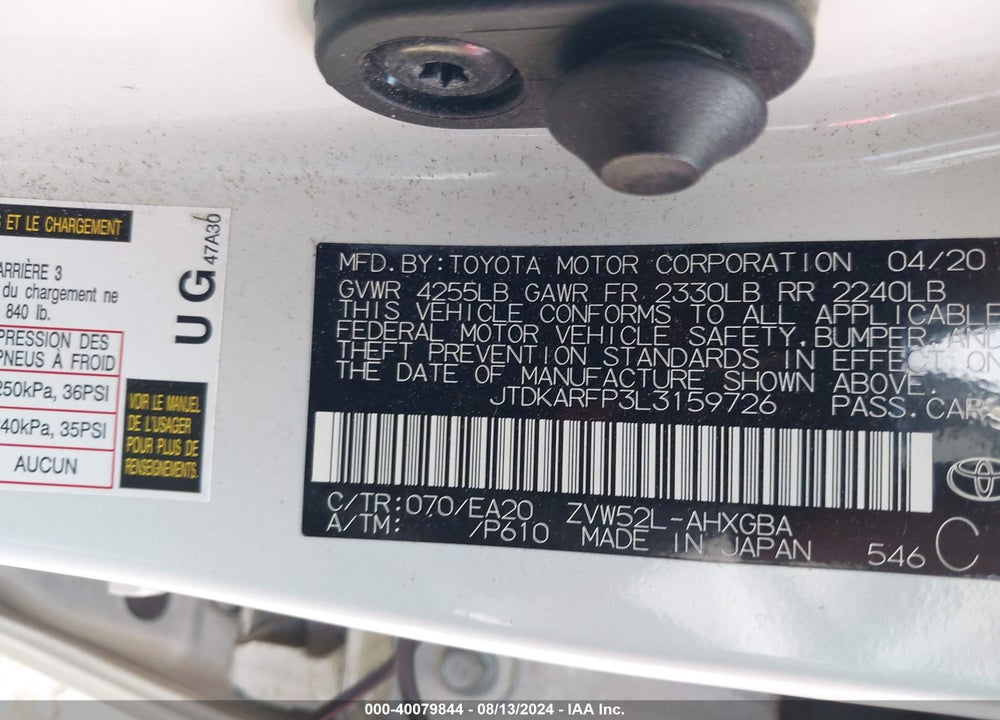 2020 TOYOTA PRIUS PRIME LIMITED VIN: JTDKARFP3L3159726