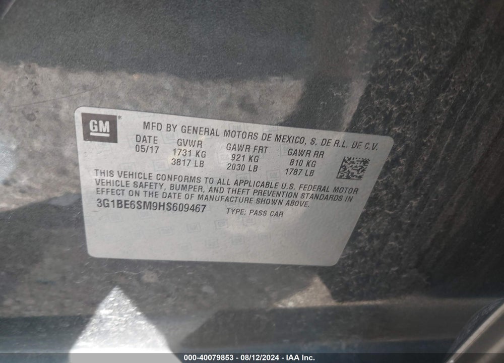 2017 CHEVROLET CRUZE LT AUTO VIN: 3G1BE6SM9HS609467
